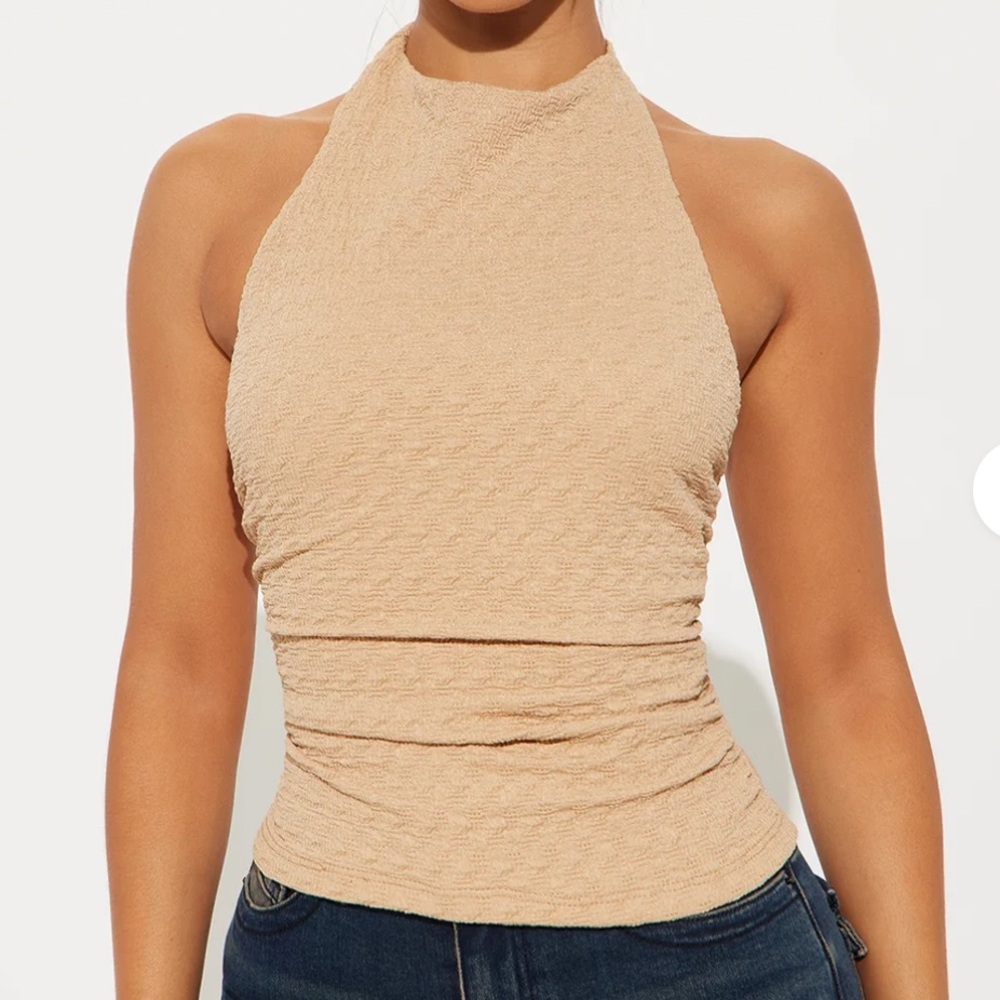 Fashion Nova Textured Halter Tank Top in Beige
